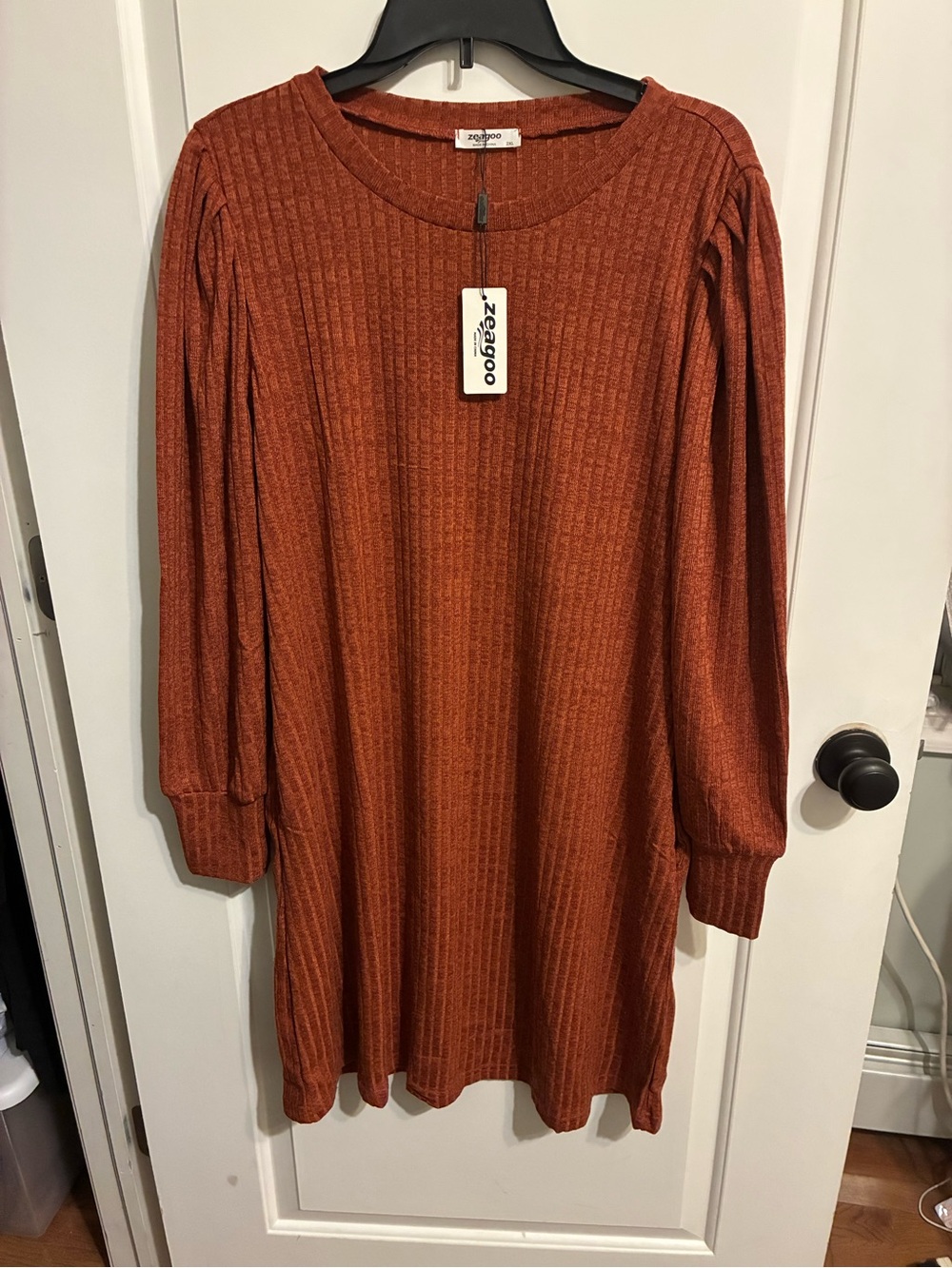 zeagoo Ribbed Crewneck Long Sleeve Sweater Dress - Rust Orange